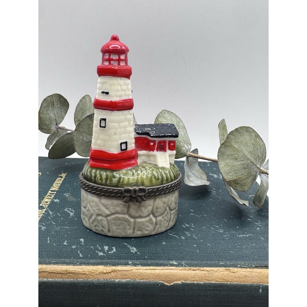 Lighthouse Trinket Box Hinged Ceramic Nautical Coastal Ring Box